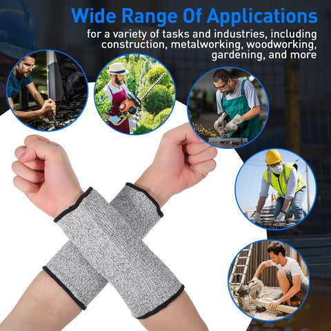 Real Deal Cut Resistant Arm Sleeves For Mechanics And Gardeners With Snug Stretch Fit Anti Puncture Forearm Guards That Make The Daily Grind A Total Breeze In Black Gray, shown in use for various applications.