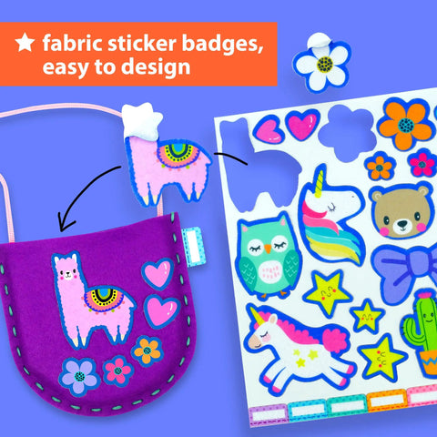 Starter Sewing Bag Kit For Kids Fun DIY Mini Bag Projects Animal Theme Crafts Learn To Sew And Felt Embroidery Easy Step By Step Instructions Great Arts And Crafts Gift For Boys And Girls shown with colorful fabric sticker badges and purple felt bag.