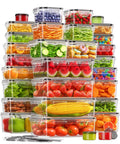 60 Piece Leak Proof Food Storage Set With Lids BPA Free Plastic Containers stacked with fruits and vegetables.