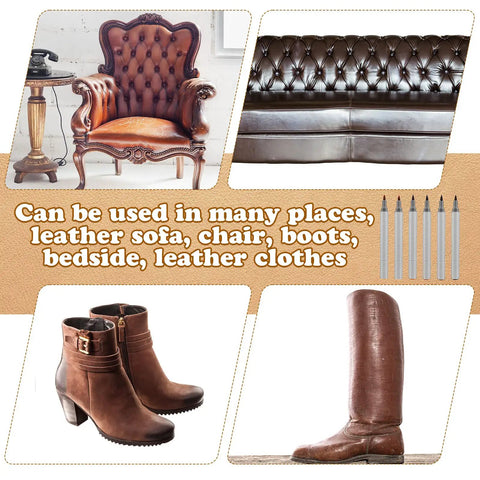 Six Pack Dual Tip Leather Dye Marker Pens For No Sweat Shoe And Furniture Scratch Fix With Dope Colors and clean finish, shown with leather sofa, chair, and boots.