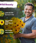Top Shelf 10000 Black Eyed Susan Heirloom Flower Seeds For Planting Solid Gold Yellow Daisy held by a man in a garden.
