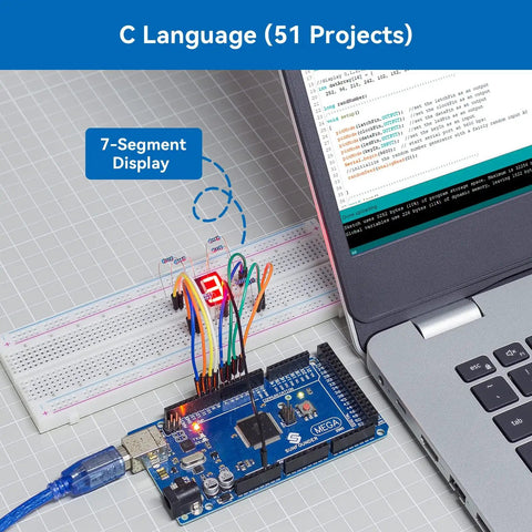 C programming tutorial with Arduino Mega 2560, breadboard, and laptop. All In One Electronics Starter Kit For Arduino Mega 2560 R3 And Nano