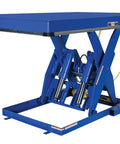 Heavy Duty Welded Steel Electric Hydraulic Lift Table With 48 By 72 Platform And 6000 Lbs Capacity Built Like A Brick House For Industrial Shops Osha Toe Guard Blue Finish - Close-up of hydraulic mechanism.
