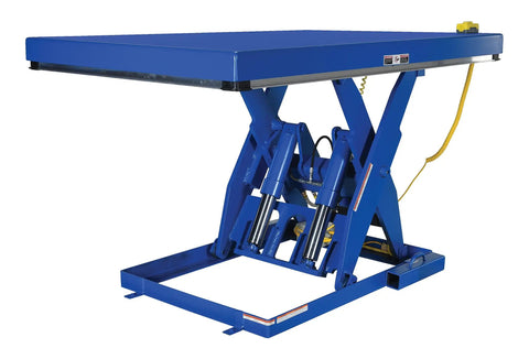 Heavy Duty Welded Steel Electric Hydraulic Lift Table With 48 By 72 Platform And 6000 Lbs Capacity Built Like A Brick House For Industrial Shops Osha Toe Guard Blue Finish - Close-up of hydraulic mechanism.