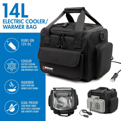 Portable Thermoelectric Cooler Warmer Bag 14 Liters with leakproof lining, 12V power, and dual temperature controls.