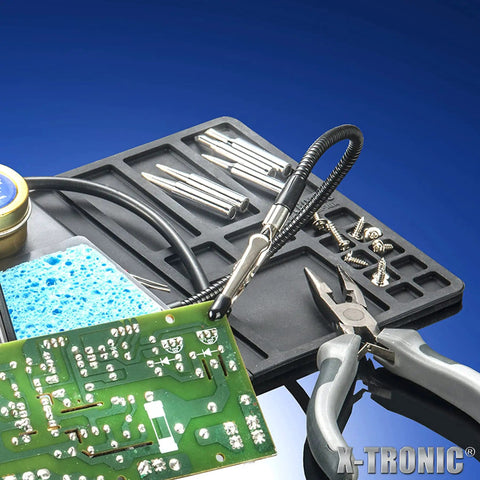 75W Soldering Station Kit With Quick Temp Digital Readout Includes Two Helping Hands Silicone Tool Mat Five Extra Tips 50G Solder Roll Brass Sponge Flux C To F Temperature Conversion Auto Sleep Mode For Pros And DIYers showing tools and circuit board