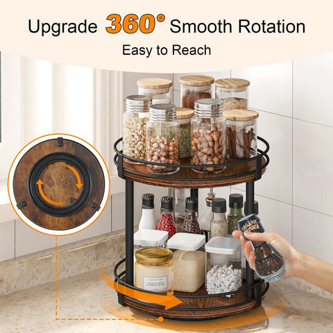 Rotating Spice Rack Two Tier Lazy Susan Organizer featuring brown wood turntable on kitchen countertop with spices and jars