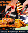 Ultra Fast Instant Read Meat Thermometer For Grill And Cooking With Backlight measuring steak and chicken on BBQ grill.