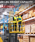 Forklift safety cage front view, 43x45-inch yellow steel work platform with two workers on a forklift.