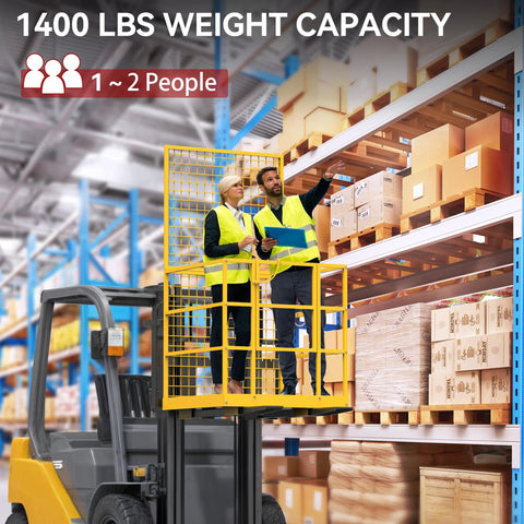 Forklift safety cage front view, 43x45-inch yellow steel work platform with two workers on a forklift.