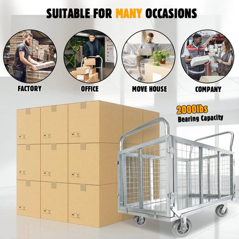 6-In-1 Foldable Flatbed Cart With Cage, Heavy-Duty Platform Truck And Dolly, Swivel Wheels, 2000 Pound Capacity, Multi-Purpose Hand Cart For Grocery, Laundry, Storage, Stall And More, Built Tough For Everyday Hauling, loaded with boxes