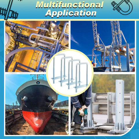 Collage showcasing 4 Pcs Square U Bolts Zinc Plated Heavy Duty Carbon Steel U Bolts for industrial and marine applications.