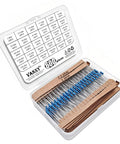 Bulk 600Pcs 1/4W 1% Metal Film Resistor Kit With 30 Values visible in open case with organized compartments.