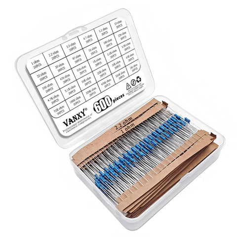 Bulk 600Pcs 1/4W 1% Metal Film Resistor Kit With 30 Values visible in open case with organized compartments.