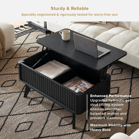 Top Shelf Modern Lift Top Coffee Table With Sleek Fluted Paneling And A Game Changing Pull Up Desktop Plus Hidden Storage Compartment In Durable Black Oak Finish