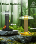 Outdoor Finch Bird Feeder Tube With Rainproof Dome Metal Mesh For Nyjer Thistle Seed No Mess 2.5 Lb Capacity Large Removable Tray Easy Hang Mount Weatherproof Yellow Design in forest setting.