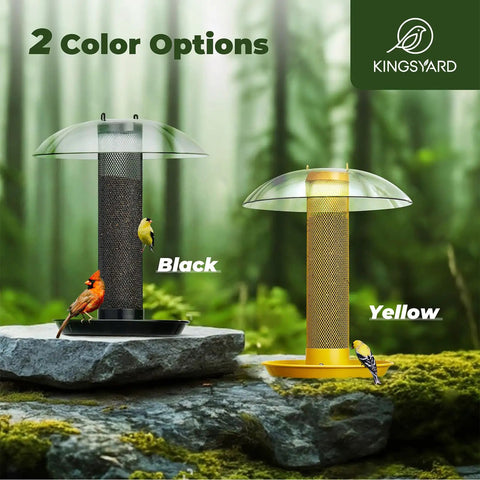 Outdoor Finch Bird Feeder Tube With Rainproof Dome Metal Mesh For Nyjer Thistle Seed No Mess 2.5 Lb Capacity Large Removable Tray Easy Hang Mount Weatherproof Yellow Design in forest setting.