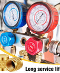Close-up of HVAC gauges with Bulk Pack Of 50 Quarter Inch Flare Brass Valve Caps With Neoprene O Ring Seal for plumbing.