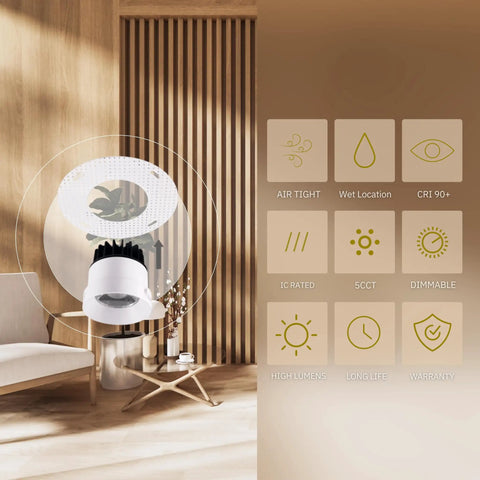Exploded view of Trimless 3.5 Inch Round LED Recessed Downlight Luminaire, Dimmable, 12W, in a modern living space with feature icons.