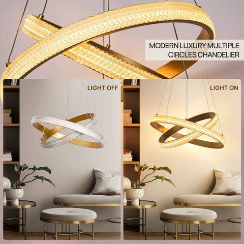Modern LED Chandelier Dimmable Pendant Light With Two Ring Dope Design For Living Room Dining Room Bedroom Kitchen Island Chrome Finish 17W Energy Efficient Ceiling Fixture, light on and off view