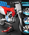Beefy Dirt Bike Stand With 1000 Lb Hydraulic Lift Jack Hoist Table holding a red and white dirt bike, showing adjustable height.