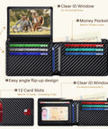 Ultra Slim RFID Blocking Wallet For Men With 12 Card Capacity, Two ID Windows And Cash Slot, open showing card organization