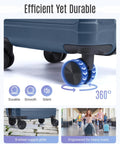 Royal blue 3-piece hard-shell luggage set with 360° spinner wheels; close-up view of wheels