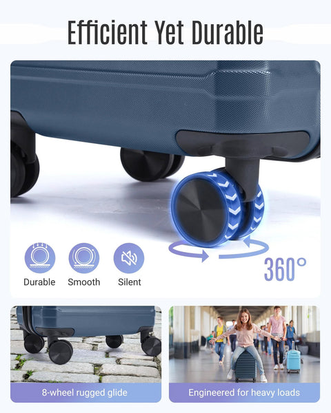 Royal blue 3-piece hard-shell luggage set with 360° spinner wheels; close-up view of wheels