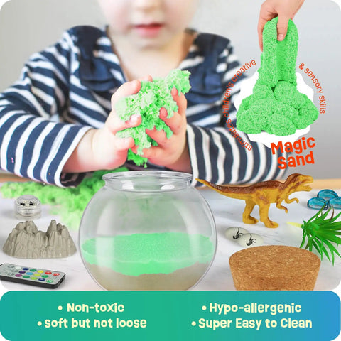 Child playing with Dinosaur Terrarium Kit For Kids With LED Night Light And Remote Control DIY Dino Toys Arts And Crafts Set