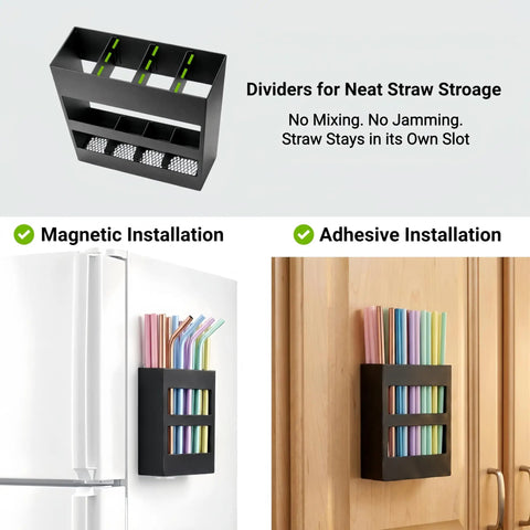 4 Pack No Drill Cabinet Door Lid Organizer For Plastic And Tumbler Lids Wall Mounted Kitchen Storage With Magnetic Straw Holder in use on a refrigerator.