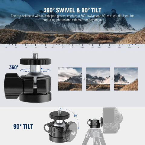 Budget Friendly Compact Mini Ball Head For Tripods And Mounts With One Quarter Inch Screw, 360 Swivel And 90 Tilt, image display