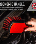 Using Premium Tire Brush For Car Detailing And Tire Cleaning With Soft Bristles Rubberized Head And Grippy Handle on tire