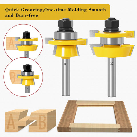 Pro Grade Two Pack Shaker Rail and Stile Router Bits for Cabinet Doors, One Quarter Inch Shank Tongue and Groove Bit.