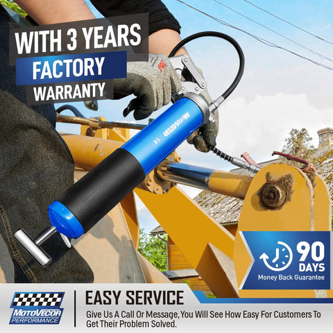 Pro Grade Pistol Grip Grease Gun With Extra Long 27 Inch Reinforced Flex Hose For Deep Reach And Tight Spaces Heavy Duty Lubrication Tool Built For Pros And Weekend Warriors being used on machinery