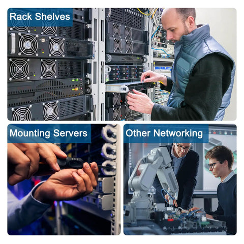 Man installing Tough As Nails M4 X 0.7mm Cage Nuts 50 Pack Snap Fit Carbon Steel Zinc Plated in server rack for mounting.
