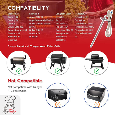 7 Inch RTD Temperature Probe Sensor Replacement For Grills And Smokers Internal Ambient Probe Compatible With Traeger And Z Grill Pellet Grills Grills Pro Grade Premium 304 Stainless Steel PT1000 Sensor, shown with compatible grill models