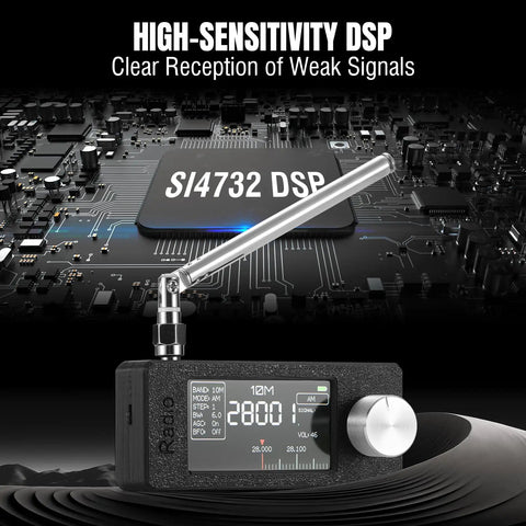 All-Band DSP Radio With Si4732 Chip For FM SW MW LW VHF CB Reception LSB USB Modes showing telescopic antenna and display