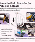Heavy Duty Transmission Fluid Pump Kit With 3/8 Swivel And Dual Adapters For Quick Oil Changes, fluid transfer tools for vehicles and boats.