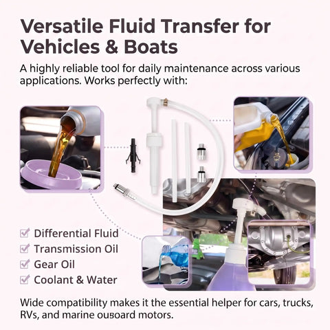 Heavy Duty Transmission Fluid Pump Kit With 3/8 Swivel And Dual Adapters For Quick Oil Changes, fluid transfer tools for vehicles and boats.