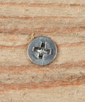 Built Tough Size Six By Three Eighth Inch Flat Head Phillips Wood Screws on wood surface, premium rust proof stainless steel 304.