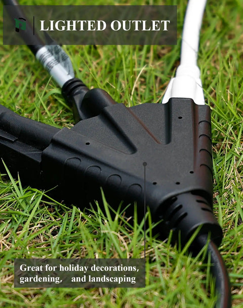 25 Ft Outdoor Extension Cord With Three Outlets, 14 Gauge SJTW Weatherproof Power Cable, shown on grass for heavy-duty use