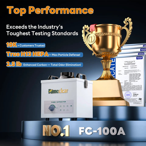 Quiet Solder Fume Extractor For Small Benchtops With 3 Stage Filtration And 99.97 Percent Purification next to trophy and certificate