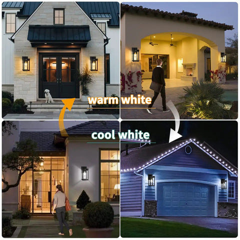 Solar Wall Light Outdoor With Motion Sensor Three Lighting Modes Waterproof Porch Sconce With Clear Panels For Garage Porch Yard And Front Door Modern Exterior Lighting Eco Friendly Solar Powered Easy Install No Fuss Setup illuminating different house exteriors at night with warm and cool white lights.