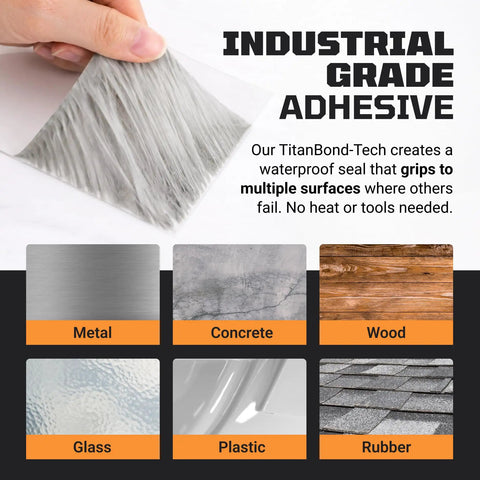 Waterproof Sealant Tape That Stops Leaks Fast And Sticks Tight For 15 Plus Years shown on various surfaces like metal and wood.