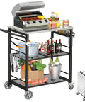 Sturdy Folding Outdoor Grill Cart With Locking Wheels Ready To Roll 27 By 18 Inch Stainless Steel Top 3 Shelf Rolling BBQ Stand Metal Portable Cart