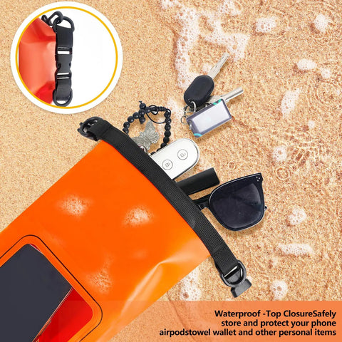 IP68 Waterproof Roll Top Dry Bag 2L with phone pouch, open on sand, showing keys, sunglasses, phone inside, kayaking gear.