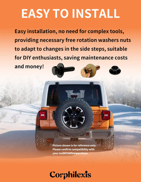 Heavy-Duty Side Step Bolts Kit For Jeep Wrangler JK JL 4-Door 2007-2025 Bolt-On Hardware With Nuts And Washers For Off-Road Upgrades Includes Rotatable Washer Nuts And All Required Fasteners on Jeep rear