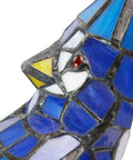 Close-up of stained glass blue jay design from Stained Glass Bird Accent Lamp With Blue Jay Design Tiffany Style Table Lamp 8 W X 13.5 H Inches Bronze Tree Trunk Base Blooming Flowers Vintage Look Cozy Living Room Nightstand Decor