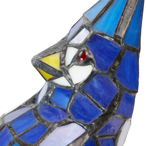 Close-up of stained glass blue jay design from Stained Glass Bird Accent Lamp With Blue Jay Design Tiffany Style Table Lamp 8 W X 13.5 H Inches Bronze Tree Trunk Base Blooming Flowers Vintage Look Cozy Living Room Nightstand Decor