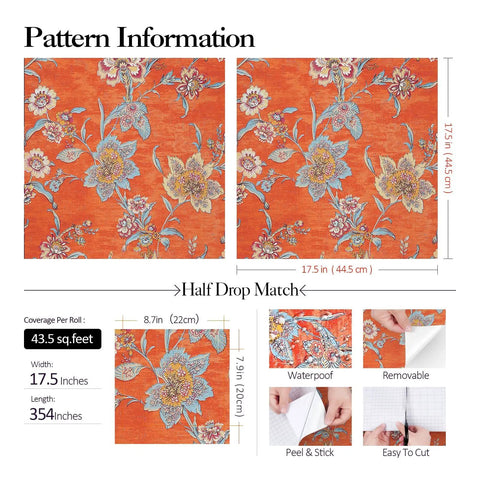 Pattern details of Vintage Floral Peel And Stick Wallpaper Dope Vibe In Bold Orange Red Watercolor Self Adhesive 21x200 Inches